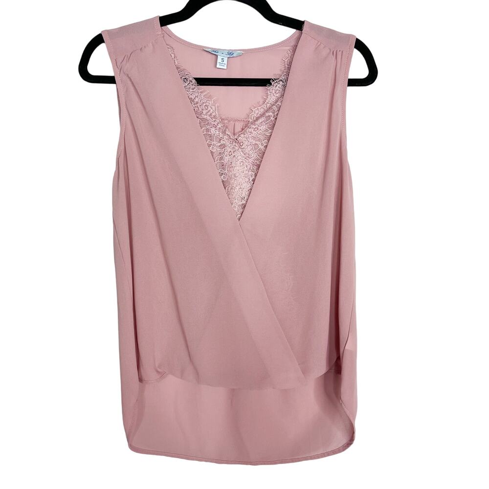 New She + Sky L Pink Lace Inset Surplice V Neck Sleeveless Blouse High Low Hem